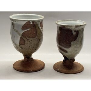 Vintage Rustic  Art Pottery Wine Goblets Set Of 2 Handmade ceramic clay glazed